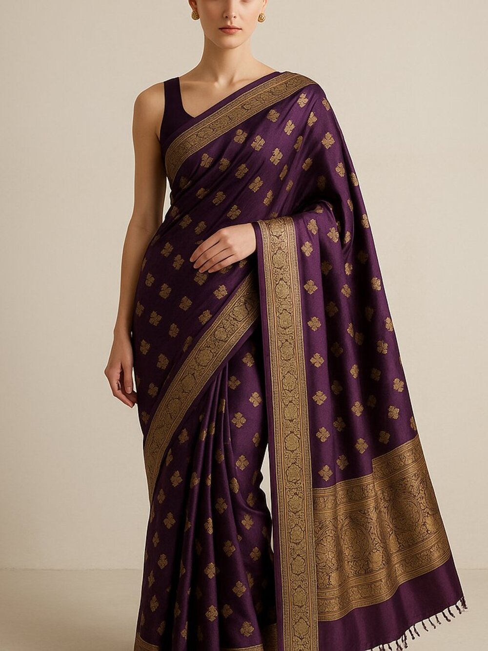 Independent Elegant Banarasi Silk Saree in Rich Purple with Gold Detailing and S
